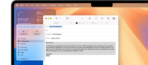 In an open photo in the Photos app on MacBook Air, a person is standing on a desert dune and a small distracting object is highlighted for removal by the Apple Intelligence Clean Up tool