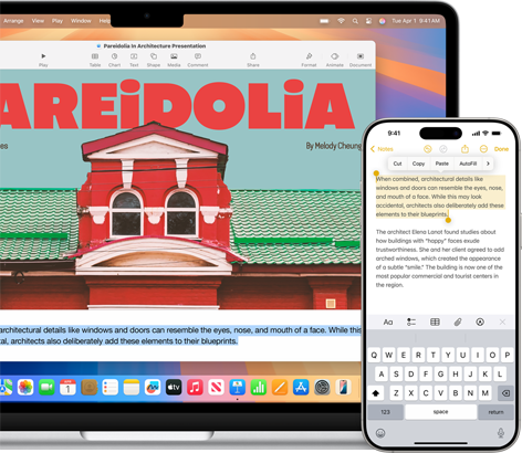 The iPhone Mirroring feature shown on a MacBook Air, where an iPhone screen with various apps is superimposed against the desktop background