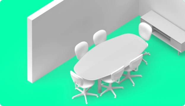 Grafik eines kleinen Raums mit sechs Stühlen an einem Konferenztisch