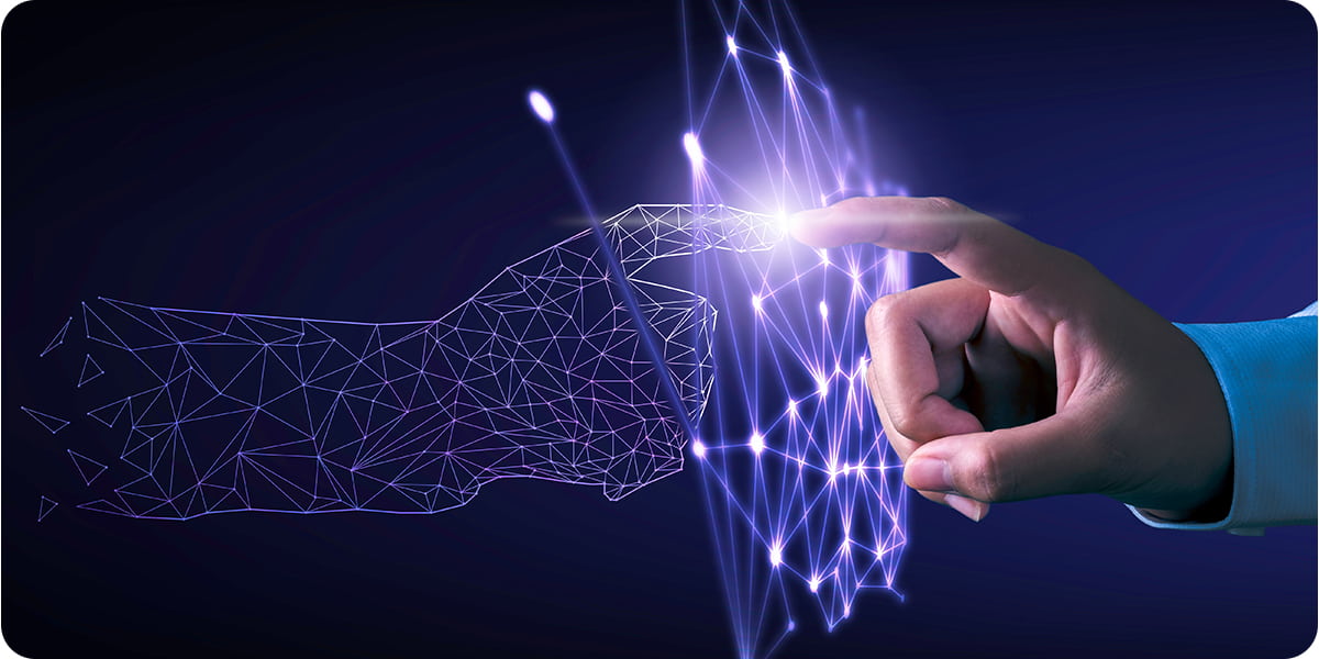 Hand reaching into tech graphic