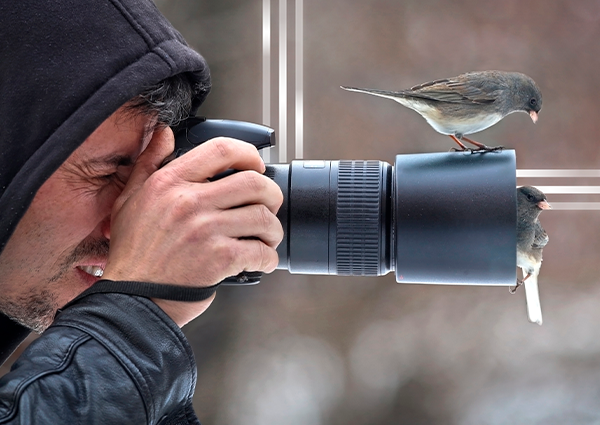 man taking photo with birds on his camera