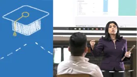 Eine Fortbildungssituation, in der eine Lehrerin mittels einer Beamer\u002DPräsentation Wissen vermittelt.