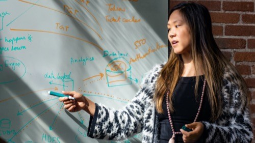 workshop host explains data analytics using whiteboard workshop host explains data analytics using whiteboard